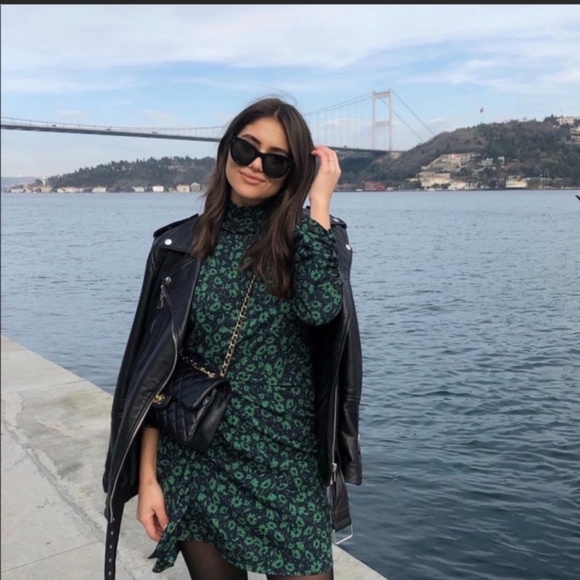 Zara Navy and Green Floral Draped Dress | Size Medium - Picture 8 of 8